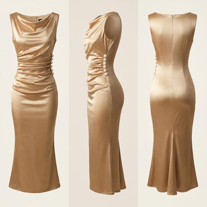 🥂 Nem találsz olyan ruhát, ami egyszerre elegáns és nőies? – Szatén ruha gyöngyökkel, karcsúsító derékszabással👗