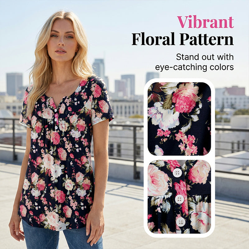👚 Unod a feszülős pólókat? – Lebegő szabású virágmintás gombos felső!