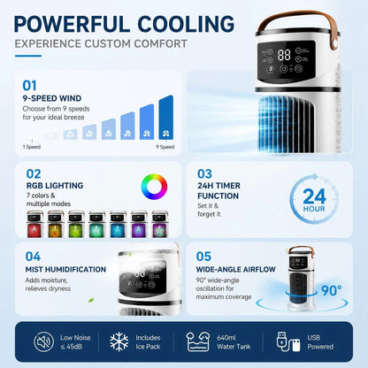 💧 Vízpárás hűtés, 9 fokozat, USB-ről tölthető, RGB-világítás – Praktikus és hangulatos készülék!