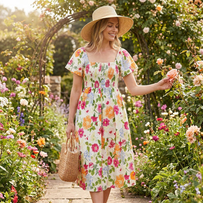Virágmintás midi ruha, smockolt négyzet alakú nyakkivágással és zsebekkel